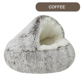 Luxurious Plush Round Cat Bed Cat Bed Round Soft Plush Burrowing Cave Hooded Cat Bed Donut For Dogs Cats - Semi-Enclosed For Cozy Warmth (Color: Coffee, size: 80cm)